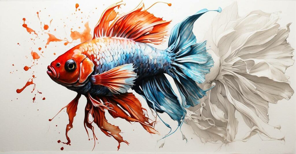 Ink splatter art, betta fish photogram of Dropsy Betta