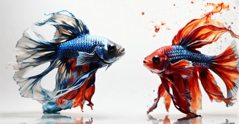 an image using Ink splatter art showing a vibrant male betta fish and a vibrant female betta fish gracefully swimming