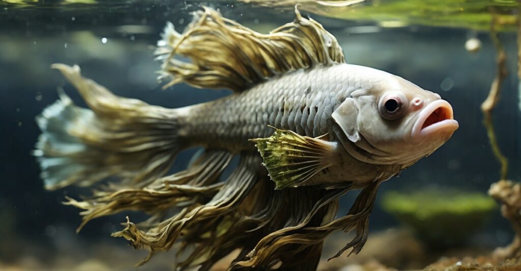 a sickly betta fish with tattered and decaying fins